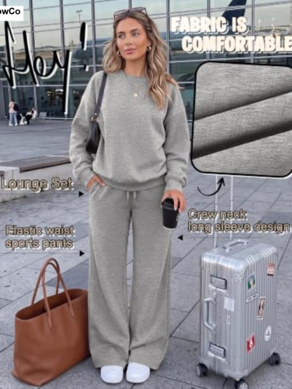 Women's 2 Piece Sweatsuit Set Polyester Oversized Crewneck Top Wide Leg Pants - Picture 4 of 6